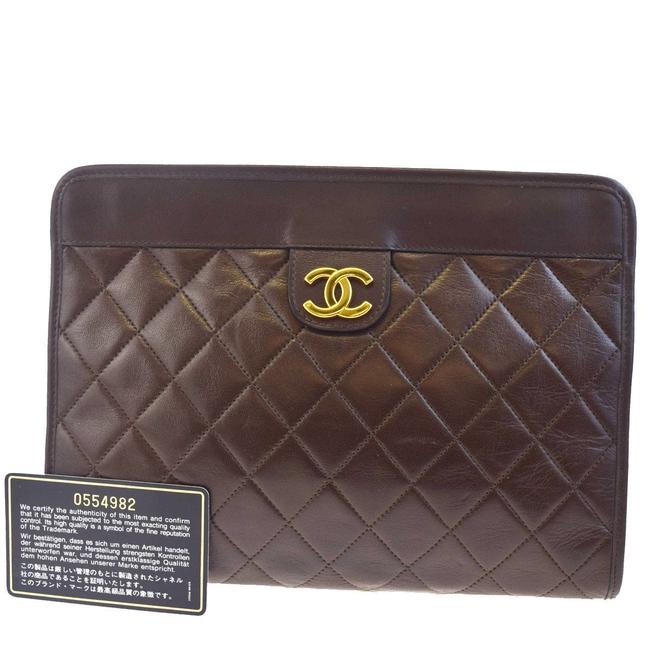 Chanel Cc Logos Quilted Dark Brown Leather Clutch 