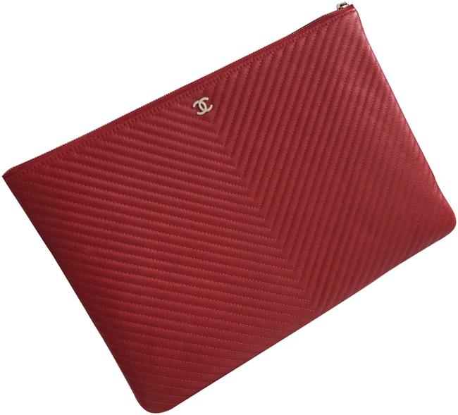 Chanel Chevron 16s Red Caviar Leather Clutch 
