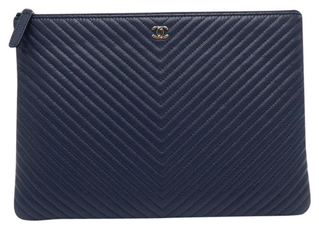 Chanel Chevron Quilted Medium O Case Navy Caviar Leather Clutch 