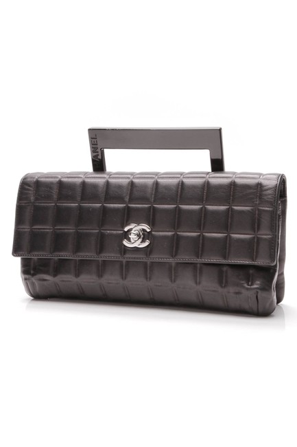 Chanel Chocolate Bar Top Handle Black Leather Clutch 