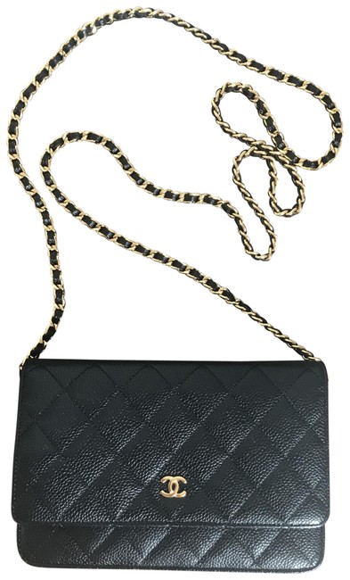 Chanel Classic Caviar Gold Chain Black Leather Clutch 