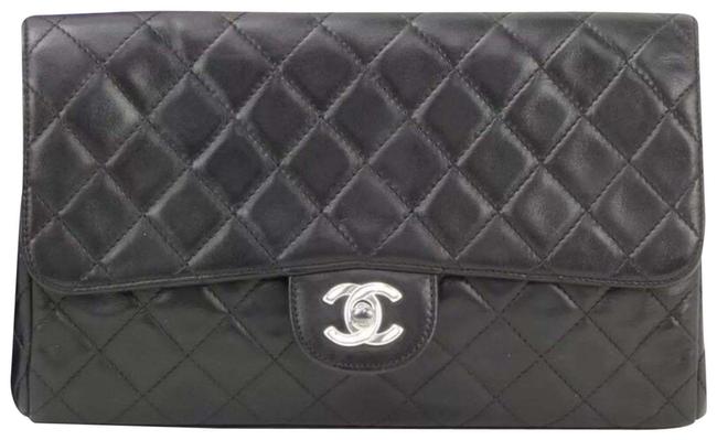 Chanel Classic Flap Silver tone Hardware Black Leather Clutch 