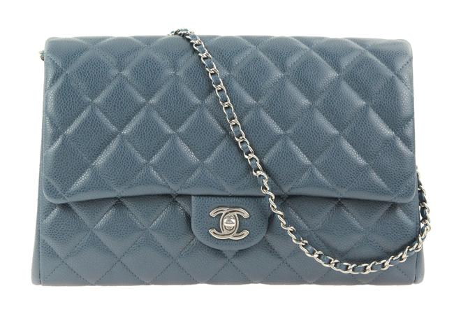 Chanel Classic Flap Caviar with Chain Blue Leather Clutch 