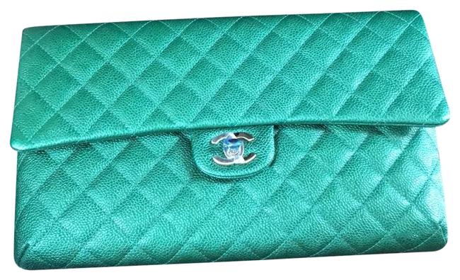 Chanel Classic Flap Emerald Green Caviar Clutch 
