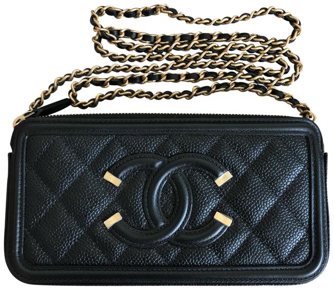 Chanel Filigree with Chain Caviar Black Leather Clutch 