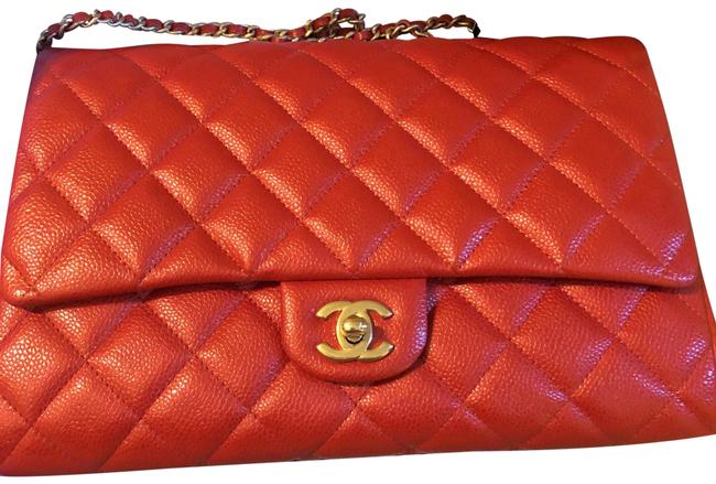 Chanel Flap with Chain Pearly Red Orange Caviar Leather Clutch 