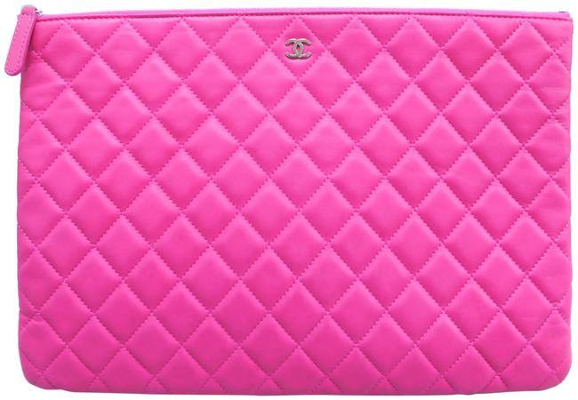 Chanel Large Quilted O case Fuchsia Lambskin Leather Clutch 