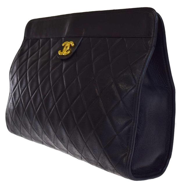 Chanel Logos Quilted Hand Leather Black Clutch 