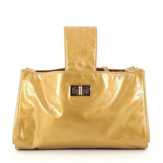 Chanel Mademoiselle Convertible Lock Patent Medium Gold Leather Clutch 