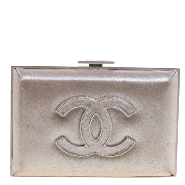 Chanel Metallic Cc Frame Beige Satin Clutch 
