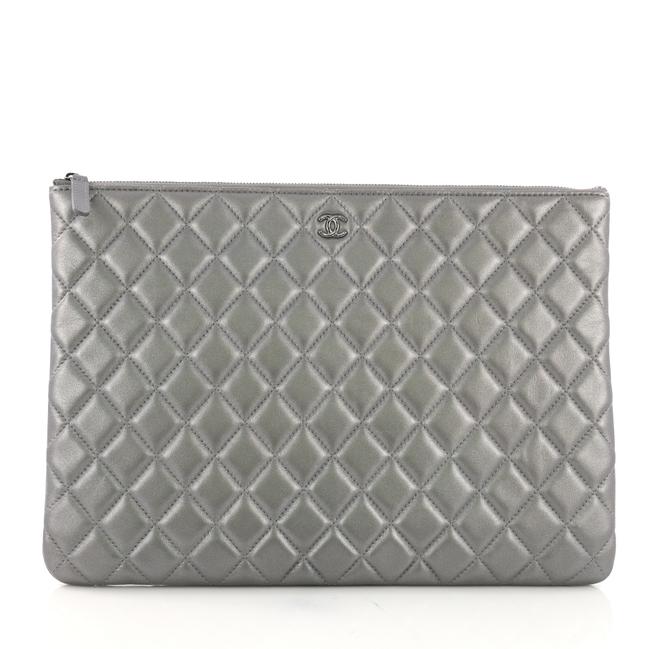 Chanel Case Quilted Large Silver Lambskin Leather Clutch 