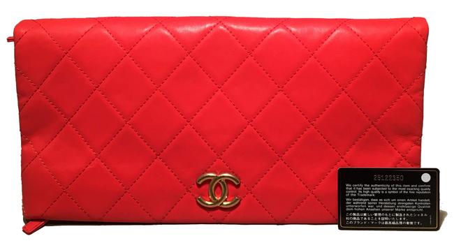 Chanel Quilted Cc Fold Over Red Leather Clutch 