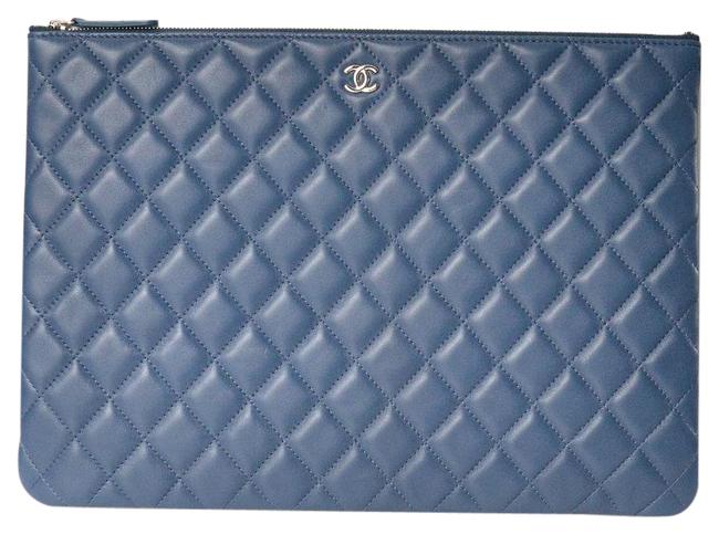 Chanel Quilted Large O Case Blue Lambskin Leather Clutch 