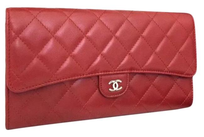 Chanel Quilted Matelasse Wallet Red Lambskin Leather Clutch 