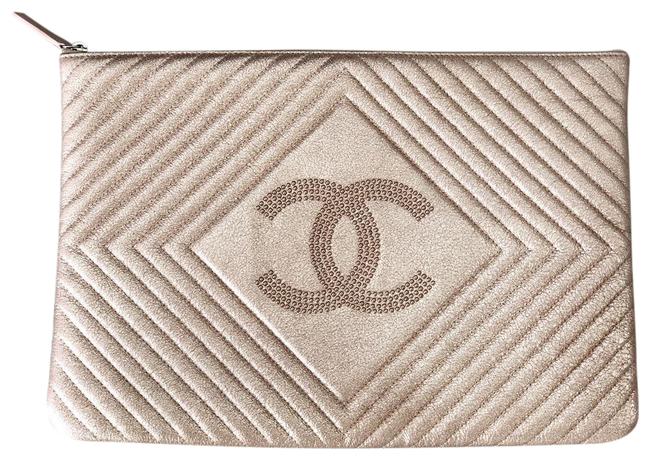Chanel Quilted Zipper Rose Gold Chevron Leather Clutch 
