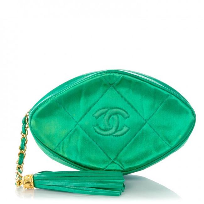 Chanel Rare Vintage Quilted Cc Tassel Green Satin Leather Clutch 