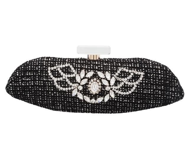 Chanel Rhinestone Perfume Bottle Black Tweed Leather Clutch 