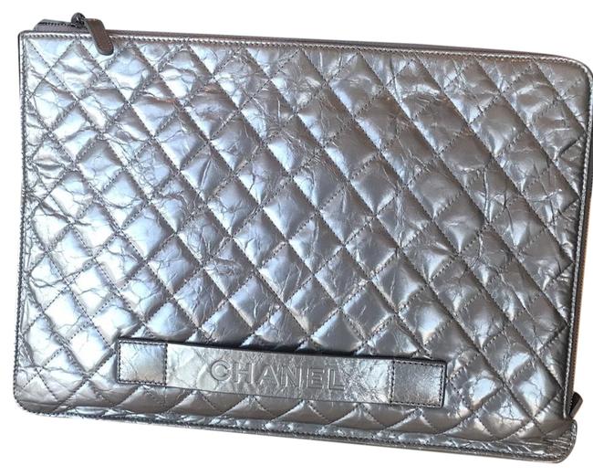 Chanel Silver Distress Leather Clutch 