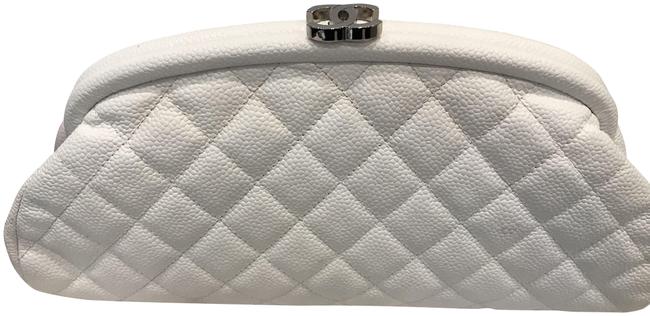 Chanel Timeless Kiss Lock Caviar White Leather Clutch 