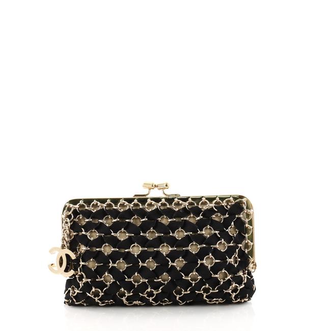 Chanel Vintage Frame Woven Black Ribbon Clutch 