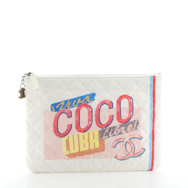 Chanel Coco Cuba Pouch Quilted Printed Small Print White Canvas Clutch 