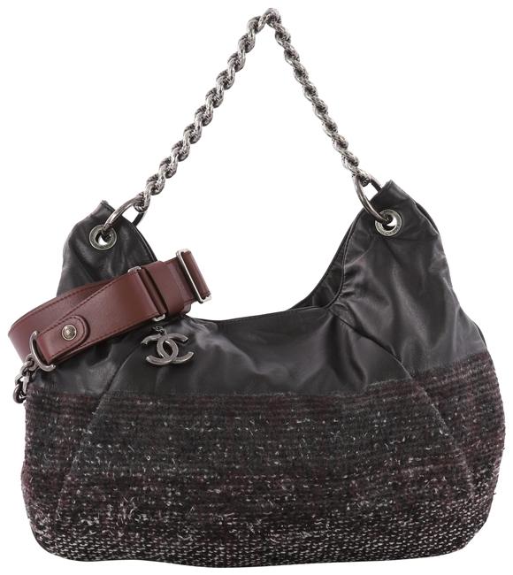 Chanel Coco Pleats Large Black Leather and Tweed Hobo Bag 