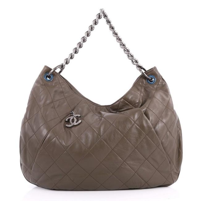 Chanel Coco Pleats Quilted Calfskin Large Olive Leather Hobo Bag 