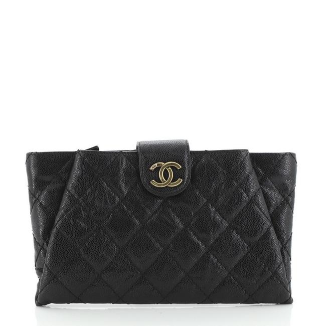 Chanel Coco Pleats Quilted Glazed Caviar Black Leather Clutch 