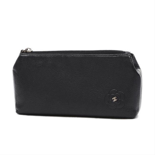 Chanel Cosmetic Pouch Butterfly Camellia Black Leather Clutch 