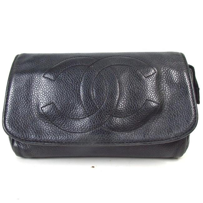 Chanel Cosmetic Pouch With Mirror Black Caviar Skin Leather Clutch 
