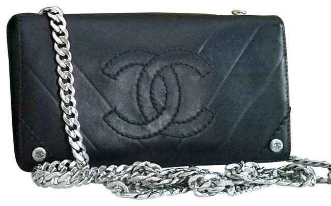 Chanel Crossbody Bifold Chevron Wallet Woc Black Clutch 
