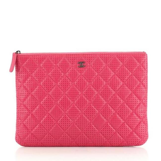 Chanel Crossbody Case Quilted Perforated Medium Pink Lambskin Leather Clutch 