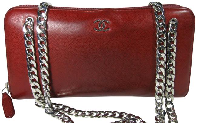 Chanel Crossbody Silver Logo Long Wallet Or Red Leather Clutch 