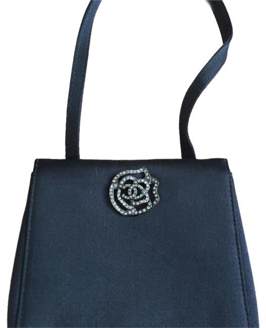 Chanel Crystal Camelia Black Satin Clutch 