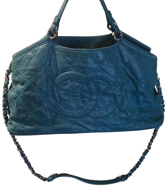 Chanel Dark Tote with Tag and Card Turquoise Leather Satchel 