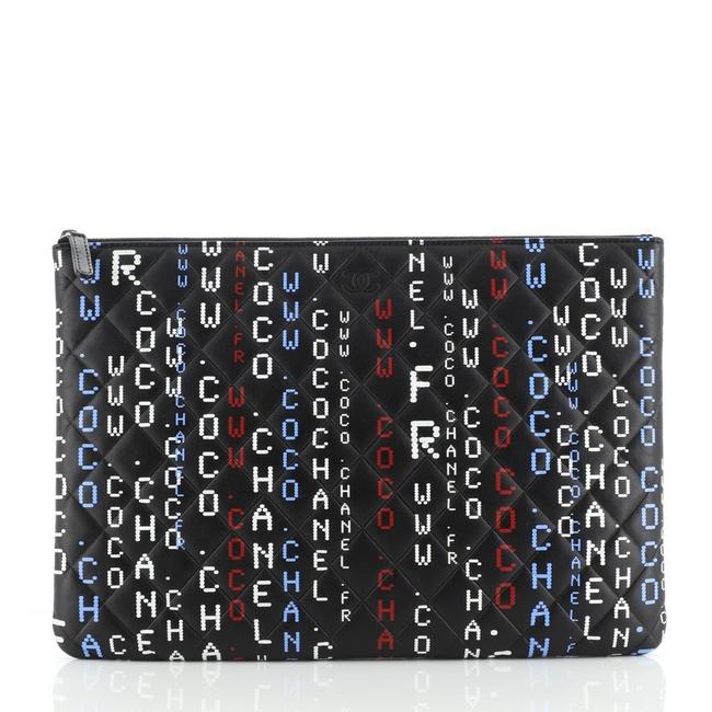 Chanel Data Center O Case Quilted Printed Lambskin Large Black Leather Clutch 