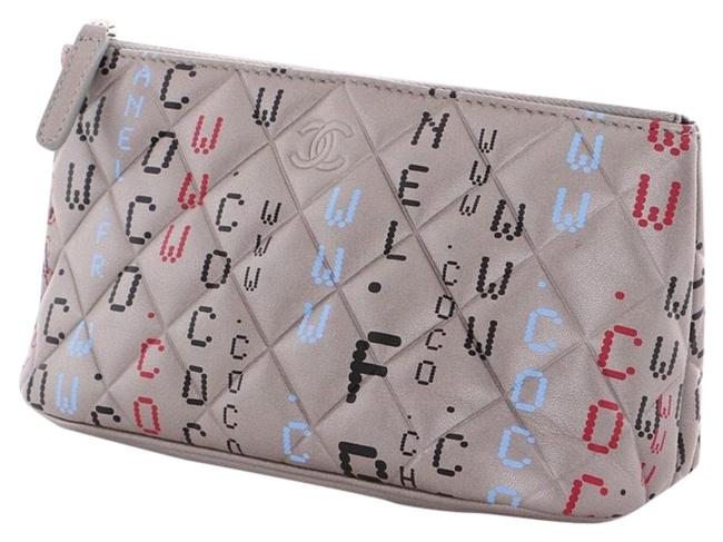 Chanel Data Center Zip Quilted Pouch Gray Lambskin Leather Clutch 