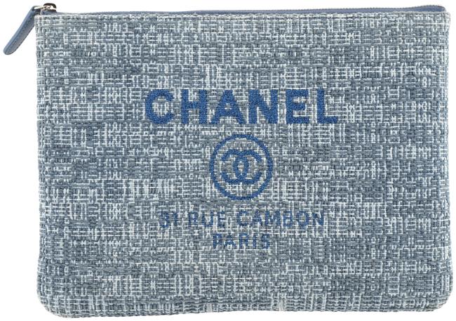 Chanel Deauville Cc Logo Pouch Blue Raffia Clutch 