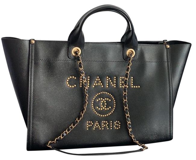 Chanel Deauville Medium Studded Black Leather Satchel 
