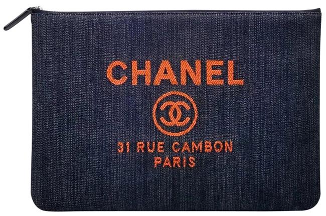 Chanel Deauville Pouch Cosmetic O Case Large Blue Orange Denim Clutch 