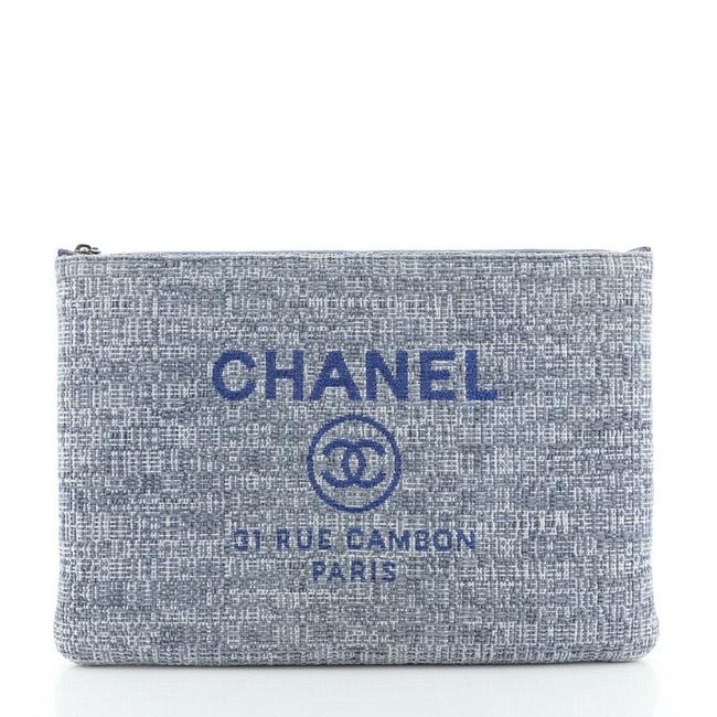 Chanel Deauville Pouch Large Blue Tweed Clutch 