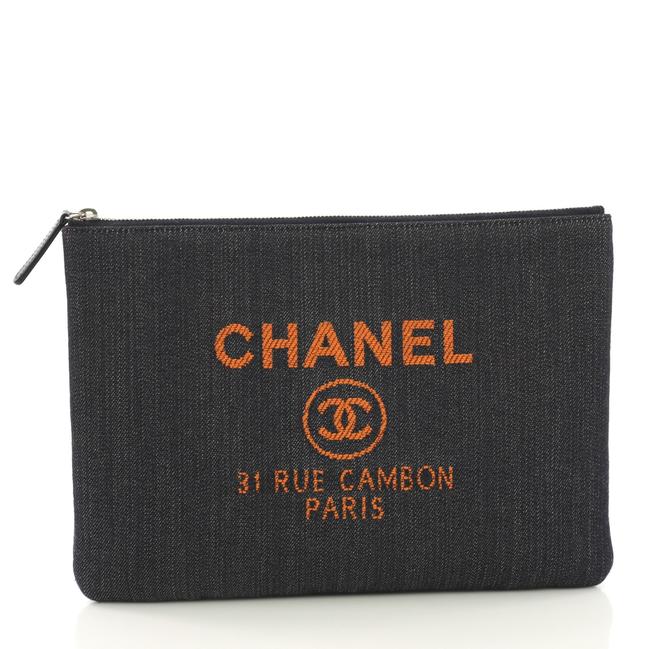 Chanel Deauville Pouch Medium Dark Blue Denim Clutch 
