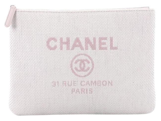 Chanel Deauville Pouch Medium Light Pink Raffia Clutch 