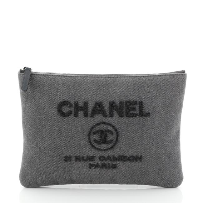 Chanel Deauville Pouch with Sequins Medium Gray Denim Clutch 