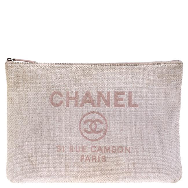 Chanel Deauville Raffia Large Pink Leather Clutch 