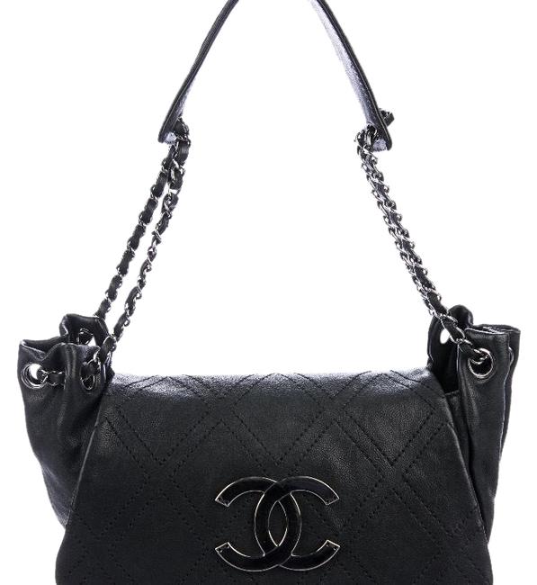 Chanel Diamond Accordion Black Leather Hobo Bag 