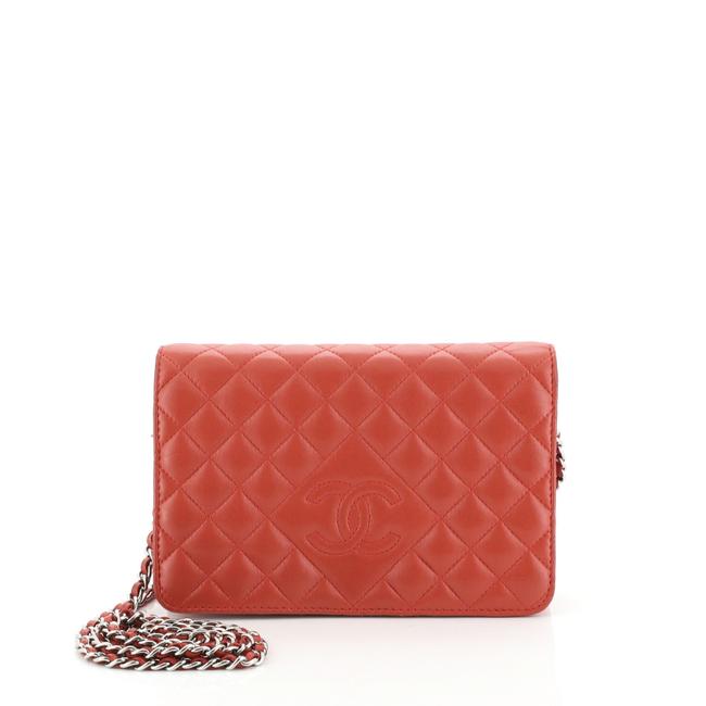 Chanel Diamond Cc with Chain Quilted Red Lambskin Leather Clutch 