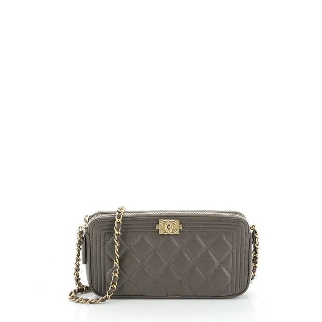 Chanel Double Zip with Chain Quilted Lambskin Brown Leather Clutch 