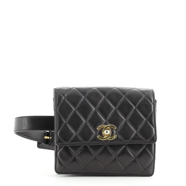 Chanel Drawstring Belt Bag Vintage Flap Quilted Small Black Leather Clutch 