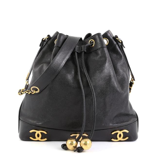Chanel Drawstring Bucket Bag Vintage Cc Caviar Medium Black Leather Satchel 
